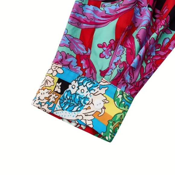 Plus Size Boho Dress, Women's Plus Patchwork Floral Print Long Sleeve Button Up - Picture 5 of 5